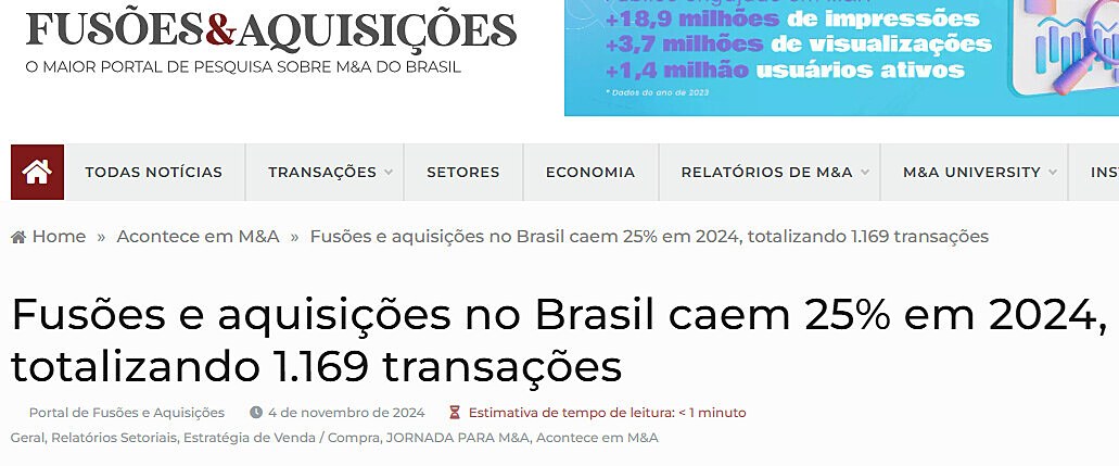 Fuses e aquisies no Brasil caem 25% em 2024, totalizando 1.169 transaes